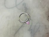 16G Silver Dainty Pink Heart Center Hinged Septum Clicker Ring